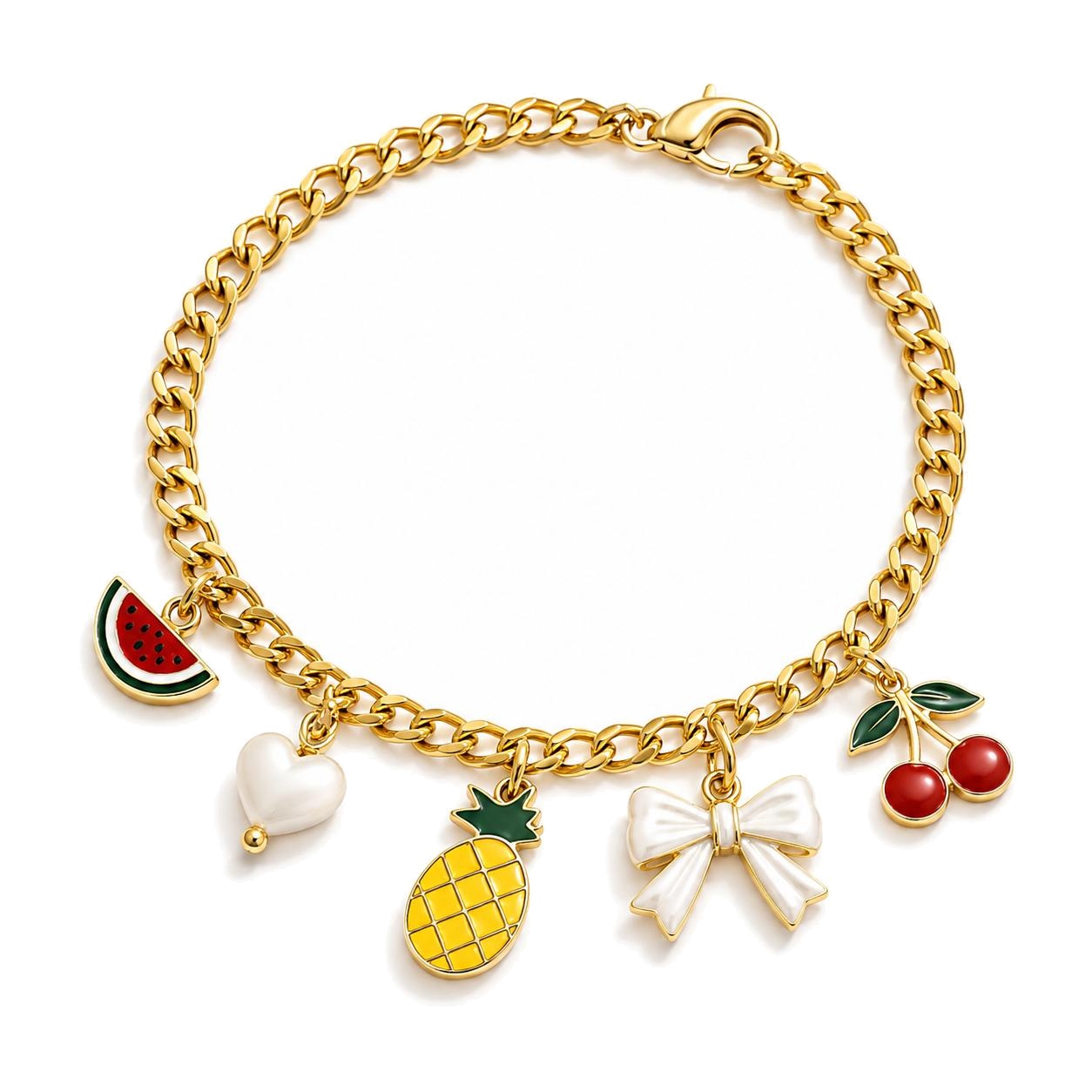 Gold Meyve Figürlü Bileklik - Paslanmaz Çelik Karpuz Kiraz Ve Ananas Detaylı Charm Bileklik