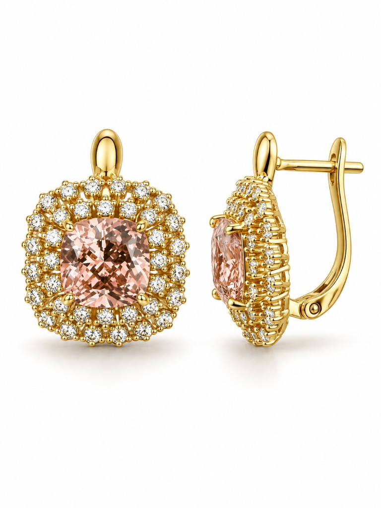 Blush Halo Pembe Yastık Kesim Altın Halo Küpe