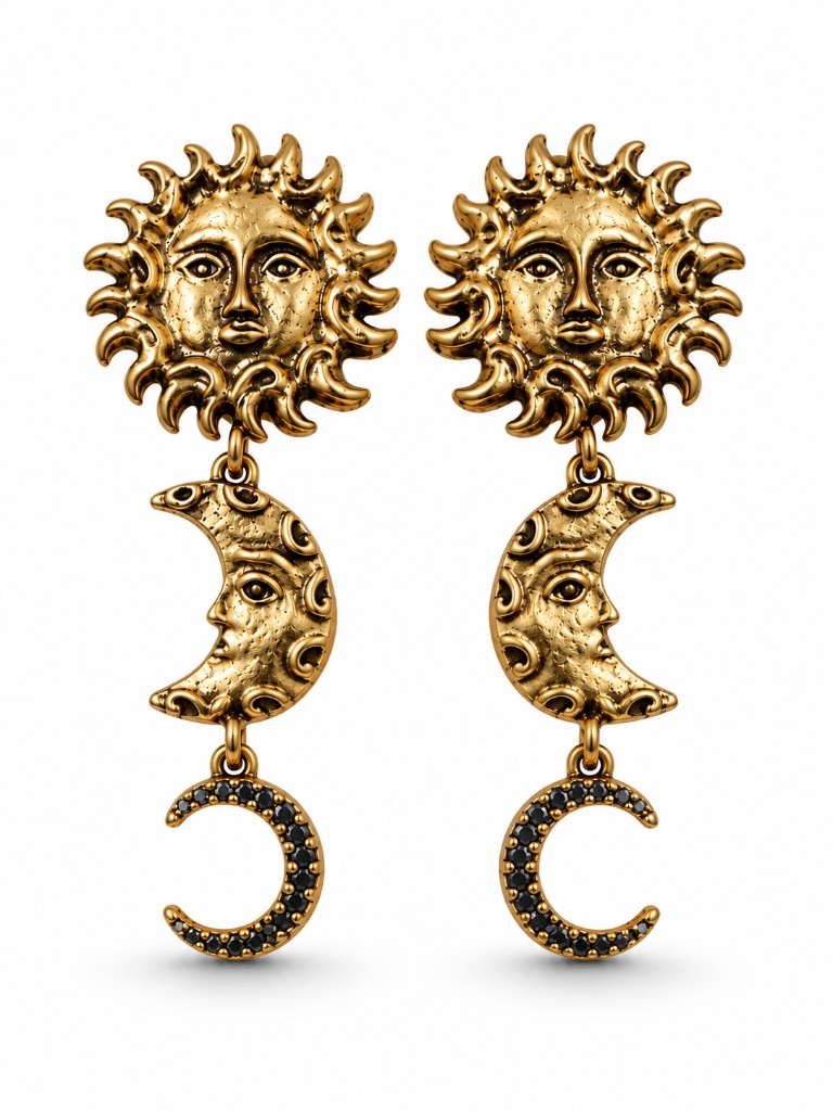 Sol Luna Güneş ve Ay Temalı Altın Sallantılı Küpe