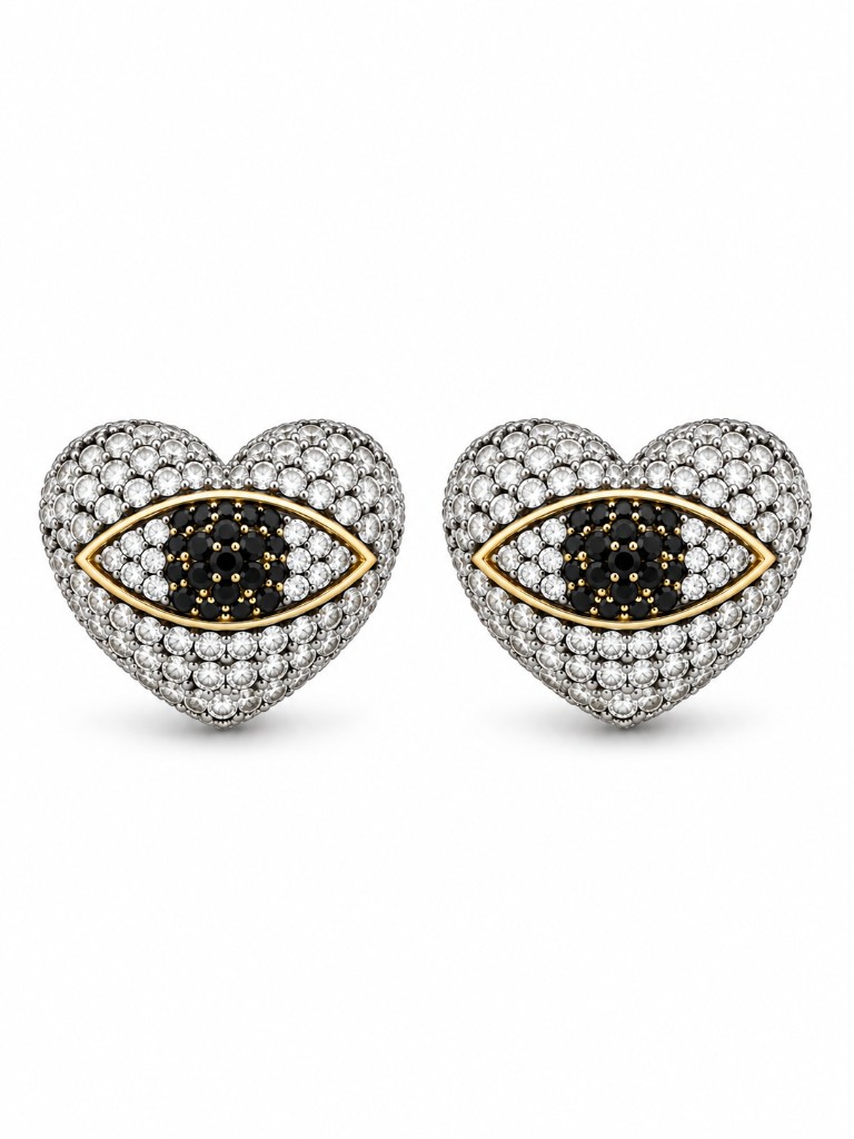 Nazar Heart Pavé Zirkon Gümüş Renk Kalp Stud Küpe