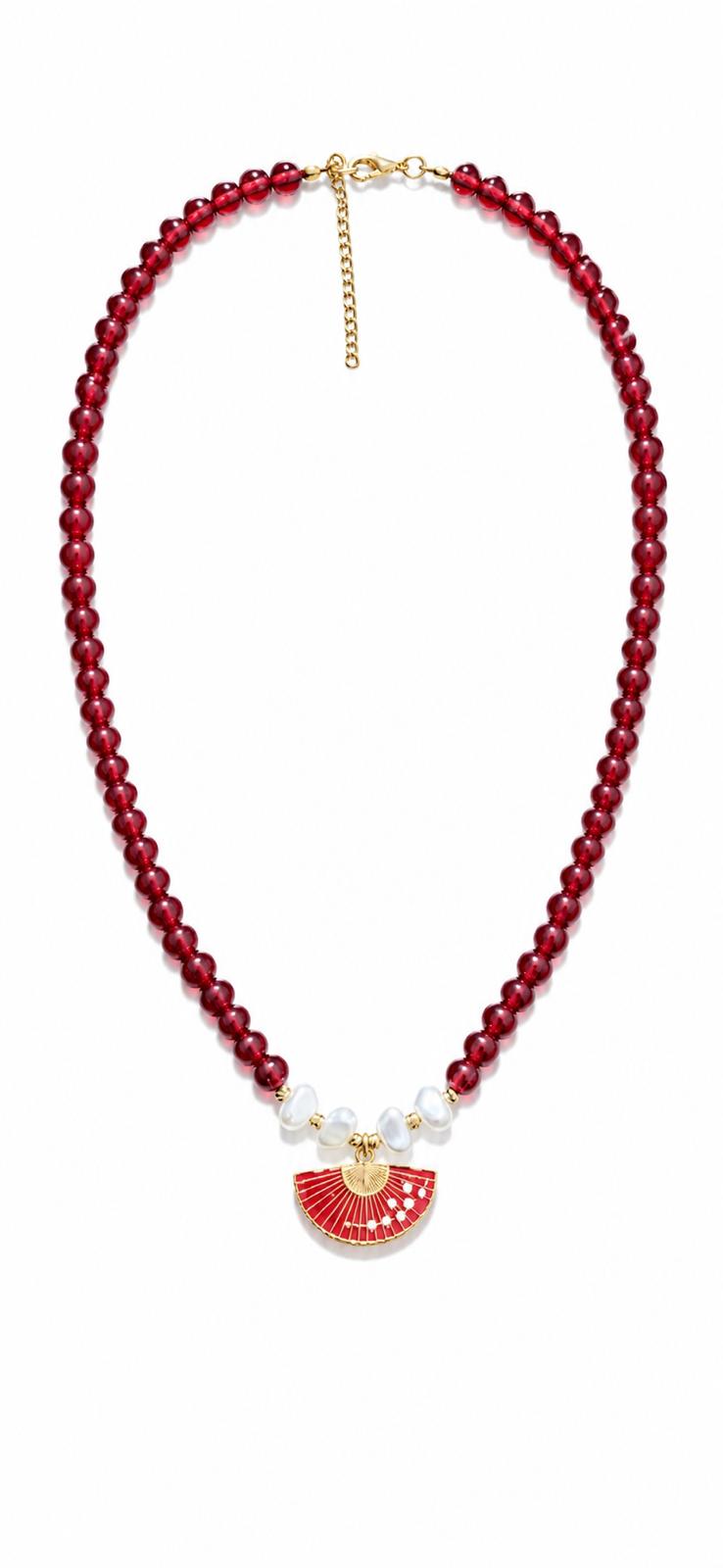 Zelula Crimson Fan & Pearl - Yelpaze Detaylı Kırmızı Boncuk Kolye