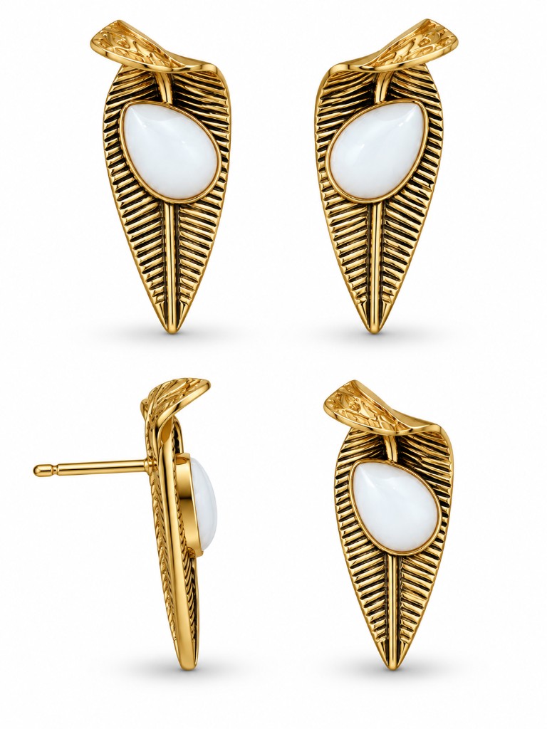 Fern Ivory Beyaz Taşlı Altın Yaprak Stud Küpe