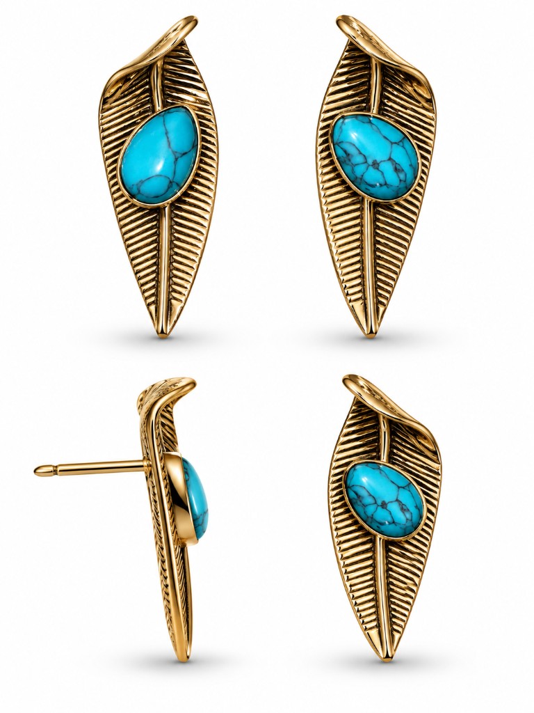 Fern Azure Turkuaz Taşlı Altın Yaprak Stud Küpe