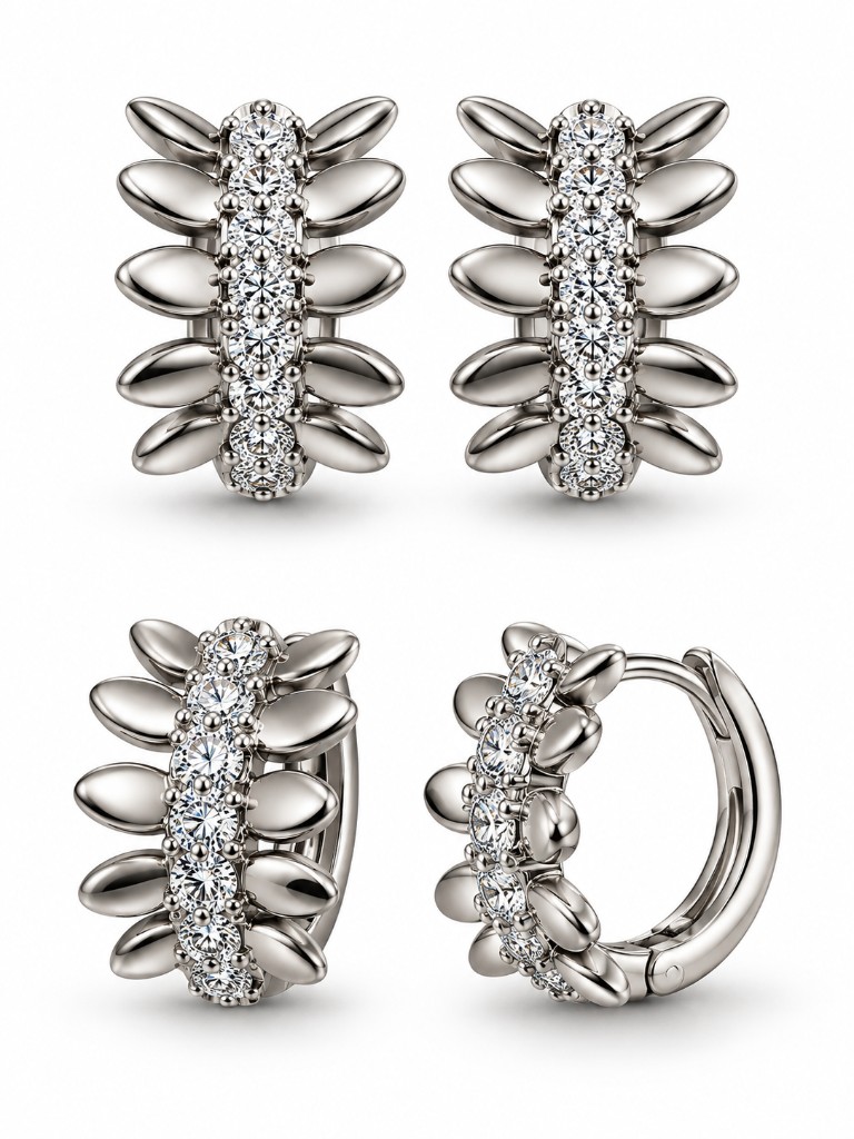 Silver Frond Gümüş Renk Yaprak Pavé Huggie Küpe