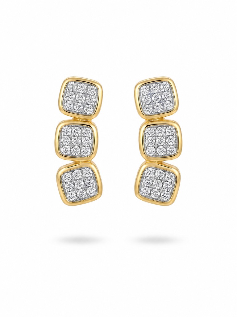 Lumen Stack Üçlü Kare Pavé Zirkon Altın Kaplama Ear Climber Küpe