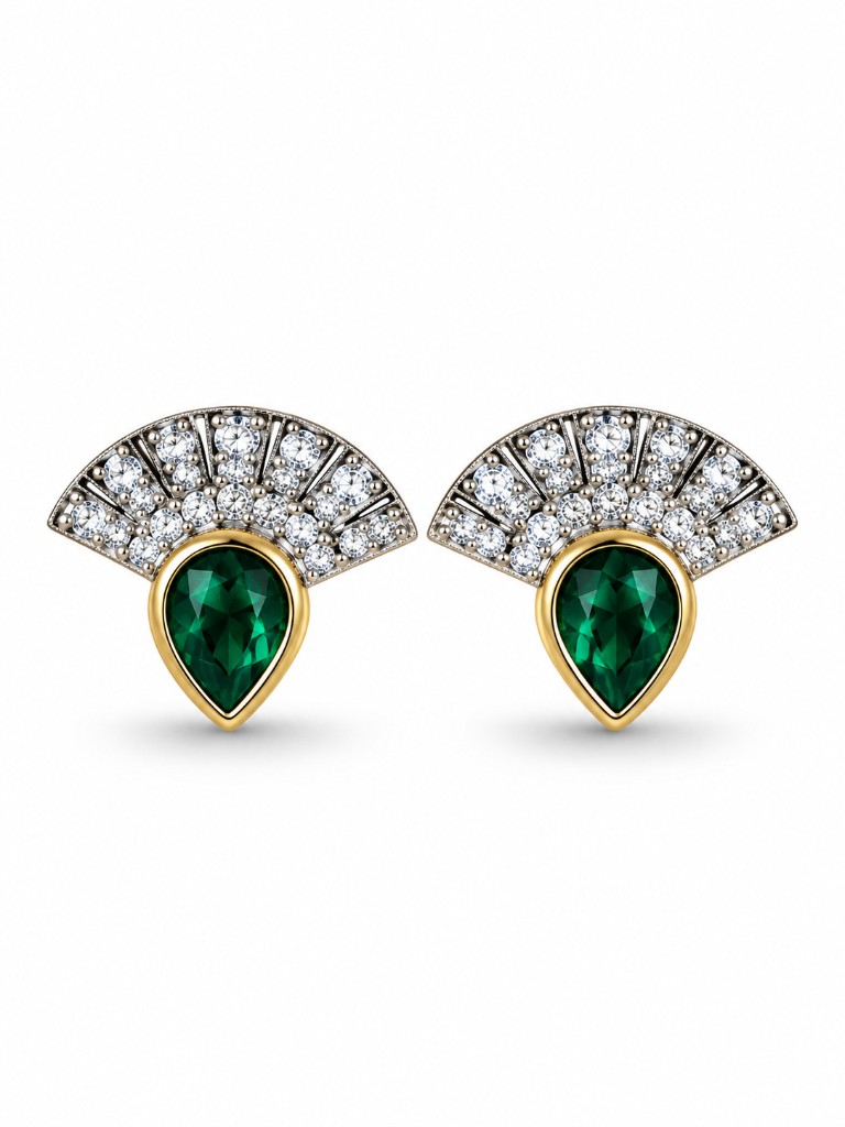 Emerald Fan Zümrüt Yelpazeli Altın Stud Küpe