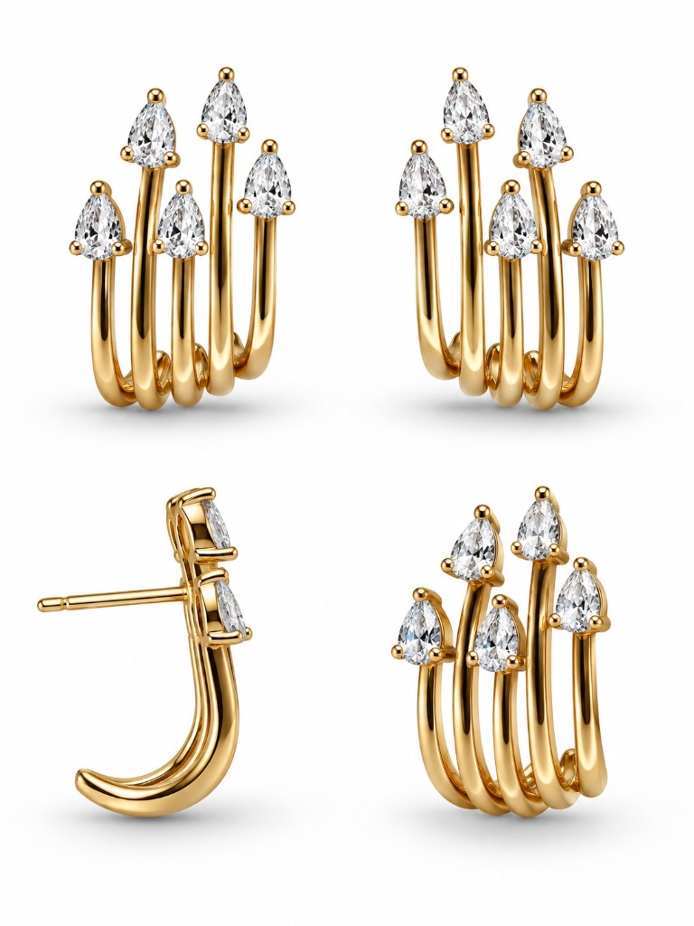 Arrow Claw Dörtlü Damla Zirkon Altın Stud Küpe